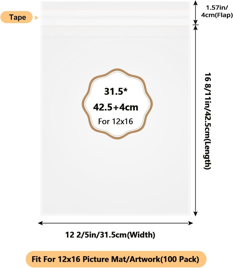 Phiocxem 100PCS Acid-Free Crystal Clear Plastic Bags for 12x16 Art Prints/Photos/Framing Mat Mattes/Pictures,12 2/5” X 16 8/11” OPP Sleeves Storage Bags (Bag Size: 12 2/5” X 16 8/11”) - Image 2